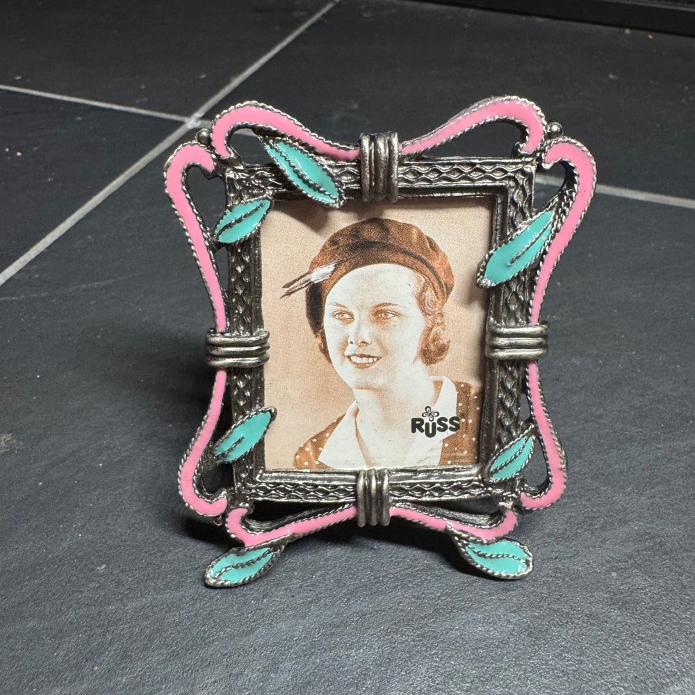 Russ Berrie Vintage Mini Picture Frame Pewter Pink Teal Enamel Bow Detail